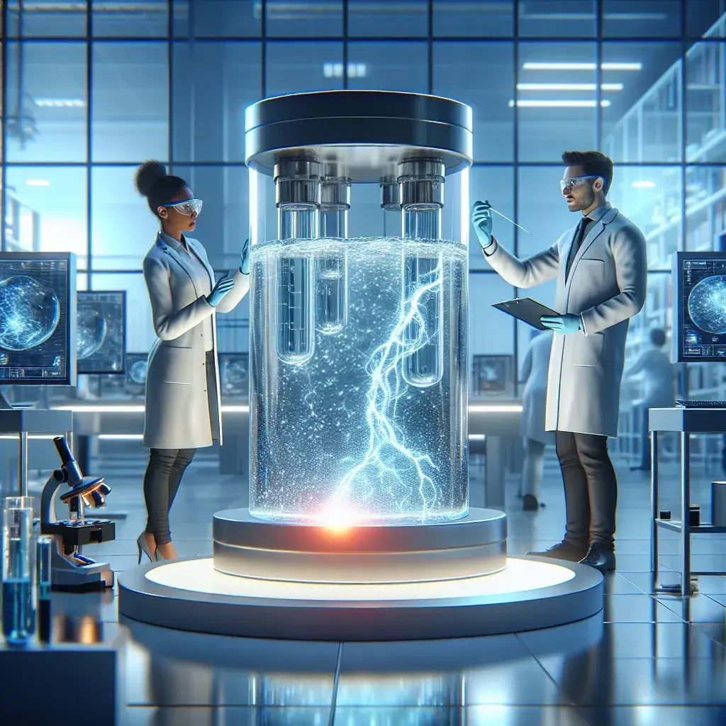 **Alt Text:** "Pesquisadores trabalhando em laboratório, desenvolvendo baterias líquidas inovadoras para armazenamento em larga escala de energia, destacando a pesquisa e a tecnologia sustentável."